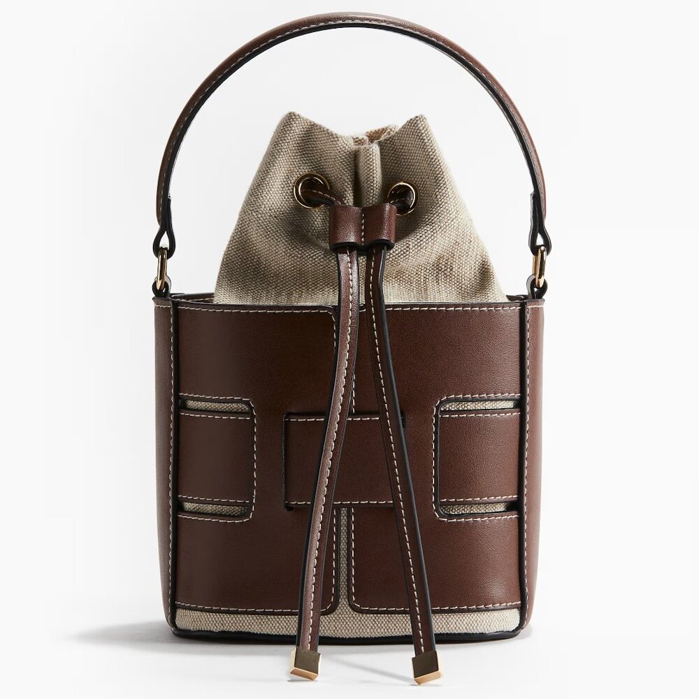 H&M small crossbody canvas and faux leather bucket bag - brown/beige